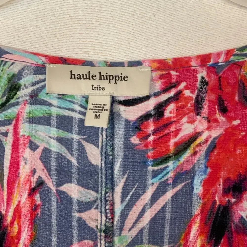 Haute Hippie women's medium swim cover kimono top floral blue tropical Hawaiian